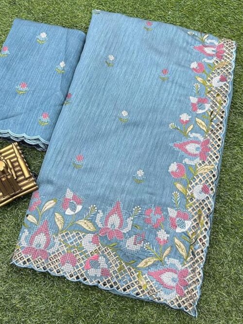 Women's Embroidered Cut Work Silk Saree