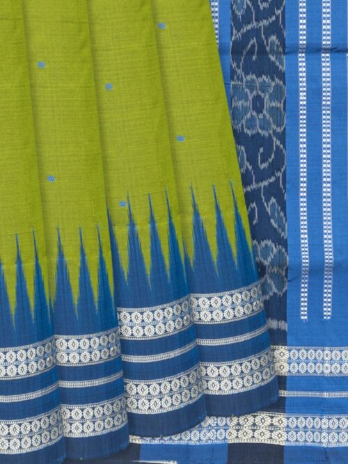 Ikat Silk Saree With Blue Border-Leaf Green