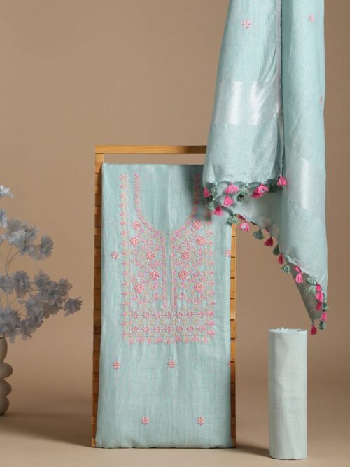 Pure Linen Embroidered Suit Piece Pastel Green Color