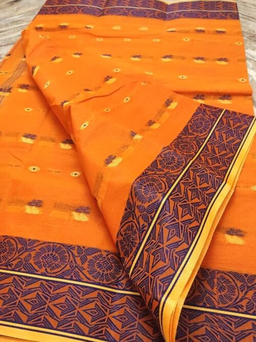 Orange Taant Handloom Cotton Saree with Contrasting Border