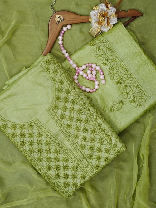 Leaf Green Silk Lucknowi Suit Piece
