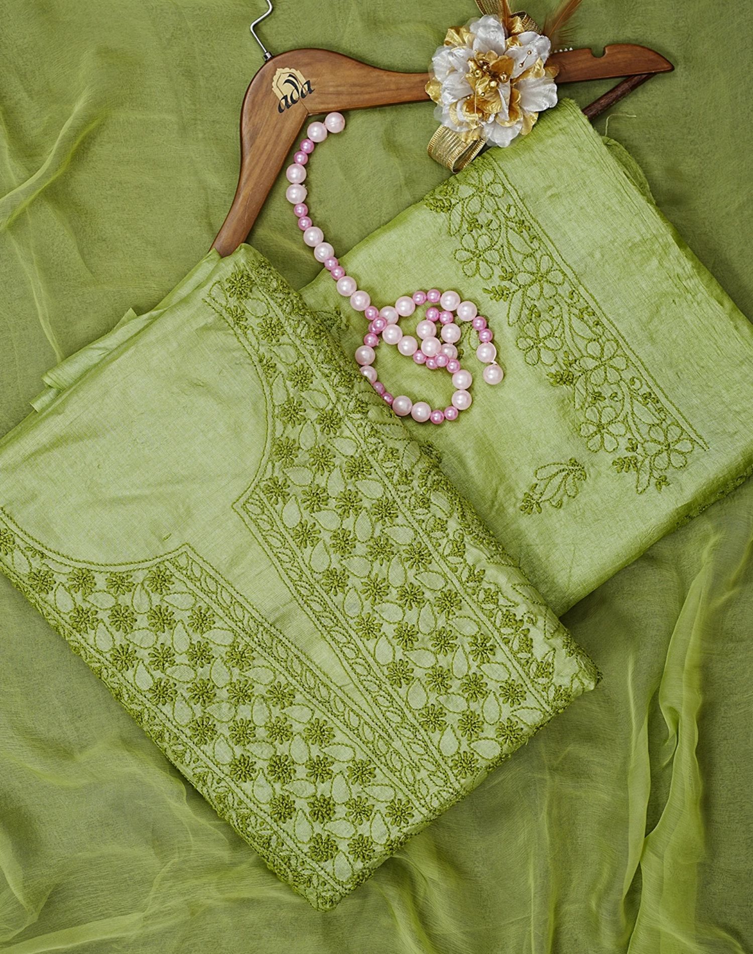 Leaf Green Silk Lucknowi Suit Piece