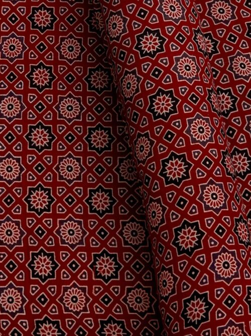 Red Floral Tile Ajrak Print Fabric