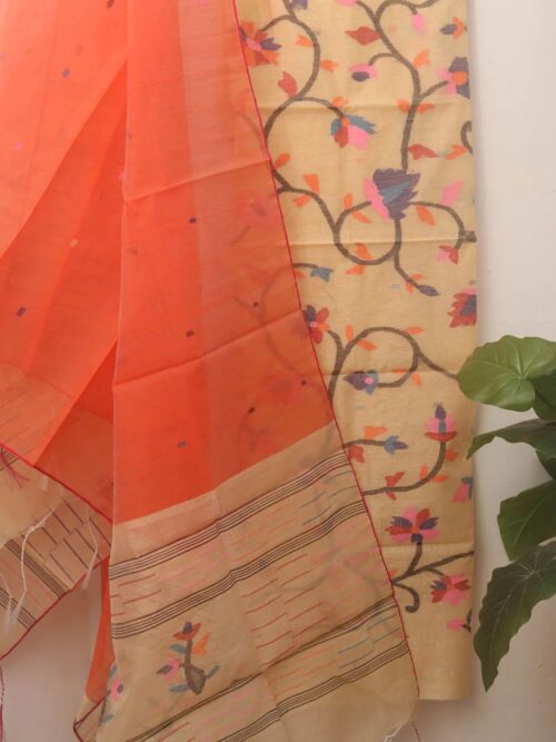 Cream Handloom Jamdani Chanderi Silk Two Piece Unstitched Suit Set