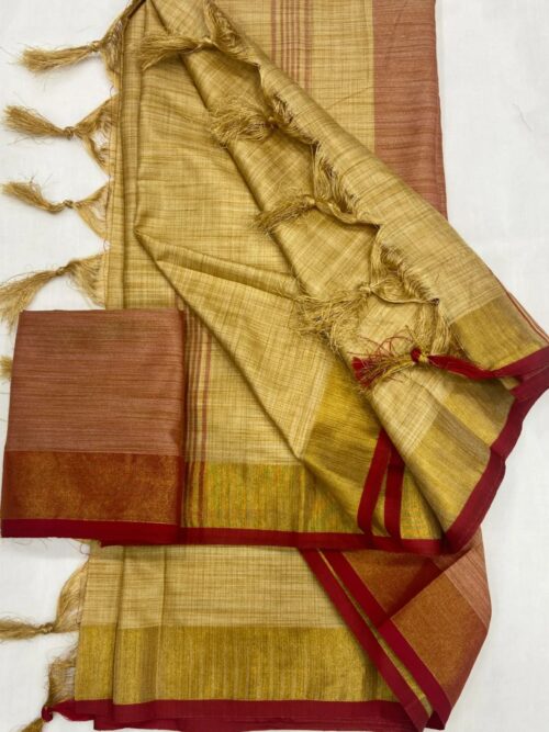 Golden Beige Linen Saree with Rust and Maroon Border